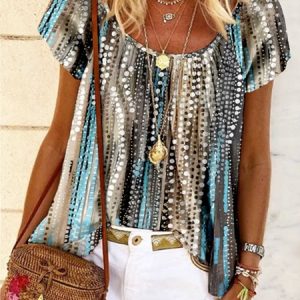 Casual Crew Neck Loose Abstract Printed Blouse, Blouses, color:Multicolor|size:XXL, Noracora