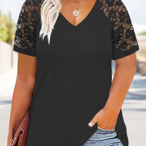 V Neck Plain Lace Short Sleeve Casual Shirt, TOPS, color:Black|size:4X, Noracora