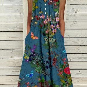 Notched Buckle Loose Vintage Dress, Maxi, color:Blue|size:XXL, Noracora