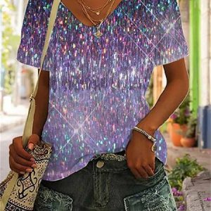 Abstract Loose V Neck Casual T-Shirt, T-shirts, color:Purple|size:5XL, Noracora