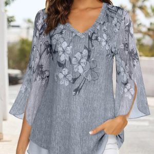 Floral Elegant Loose V Neck Shirt, Blouses, color:Gray|size:XXL, catalog Noracora shop