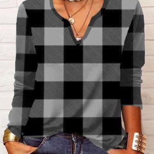 Casual Loose Plaid Long sleeve V neck T-Shirt, T-shirts, color:Gray|size:XXL, Noracora