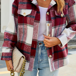 Casual Plaid Jacket, Jackets, color:Red|size:XL, Noracora
