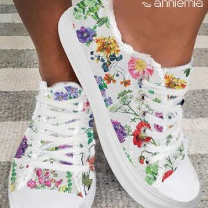Soft and Comfortable Floral Lace-up Canvas Shoes, Sneakers&Athletic, color:As Picture|size:43, Noracora