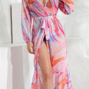 Tie-Dye Pattern Chiffon Vacation Coverup, Coverups, color:Pink|size:XL, Noracora