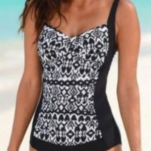 Striped Ethnic Vacation One-Piece Swimsuit, One-pieces, color:Black-white|size:3XL, Noracora