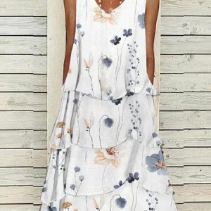 Floral V Neck Loose Casual Dress, Maxi, color:White|size:XXL, Noracora