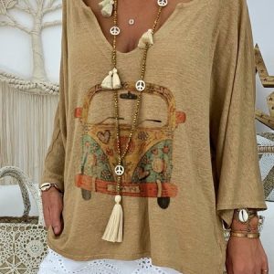 Long Sleeve V Neck Printed T-shirt, T-shirts, color:Khaki|size:3XL, Noracora