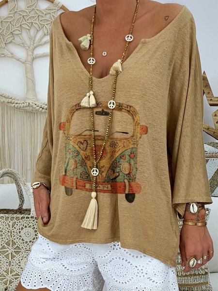 Long Sleeve V Neck Printed T-shirt, Tees & T-shirts, Roselinlin - Online Catalog