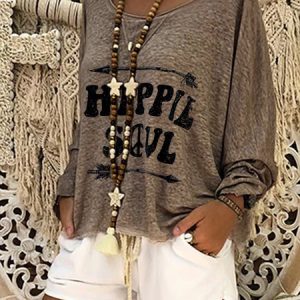 Printed Long Sleeve Casual Tunic T-Shirt, T-shirts, color:Khaki|size:3XL, Noracora
