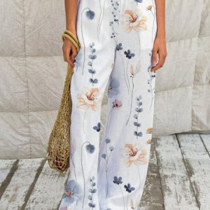 Loose Floral Casual Pants, Pants, color:White|size:XXL, Noracora