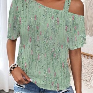 Abstract Casual One Shoulder Loose Blouse, Blouses, color:Green|size:XXL, Noracora