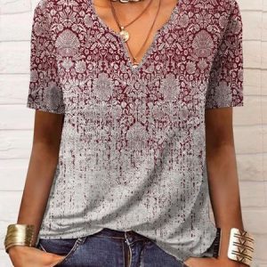Loose Ethnic Printed Casual Notched T-Shirt, T-shirts, color:Red|size:XXL, Noracora