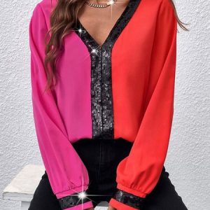 Plain Loose Casual Glitter Top, Tops, color:Rose Red|size:XXL, Noracora