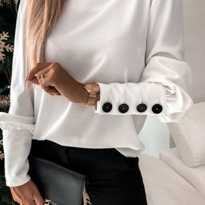 Plain Casual Buckle Loose Top, Blouses, color:White|size:XXL, Noracora