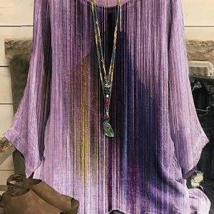 Striped Loose Crew Neck Casual Long Sleeve Shirt, Blouses, color:Purple|size:5XL, Noracora