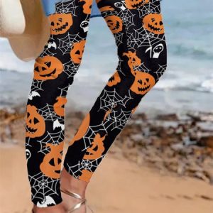 Halloween Pumpkin Spiderweb Peach Hip High Stretch Yoga Leggings, Leggings, color:Black|size:XL, Noracora