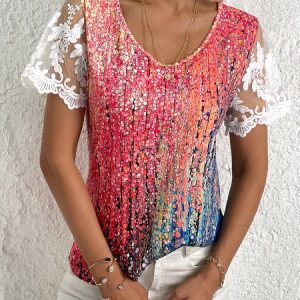 Abstract Printed Patchwork lace Casual Jersey Blouses, Blouses, color:Multicolor|size:XXL, Noracora