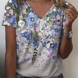 Casual Loose Jersey V Neck T-Shirt, T-shirts, color:Multicolor|size:3XL, Noracora