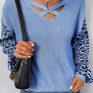 V Neck Casual Leopard Sweater, Sweaters, color:Blue|size:XL, Noracora