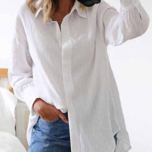 Shirt Collar Cotton Linen Plain Blouse, Shirts, color:White|size:XXL, catalog Noracora shop