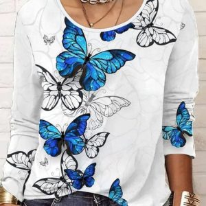 Casual Crew Neck Butterfly Printed T-Shirt 2023, T-shirts, color:White|size:XXL, catalog Noracora shop