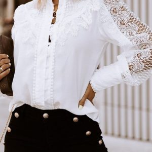 Loose Shirt Collar Plain Blouse, Shirts, color:White|size:XXL, Noracora