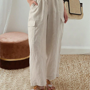 Casual Plain Pocket Stitching Loose Pants, Pants, color:Apricot|size:XXL, Noracora