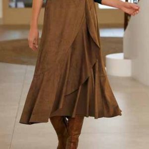 Casual Plain Autumn Suede Natural Daily Midi A-Line Skirt for Women, Skirts, color:Brown|size:XXL, Noracora