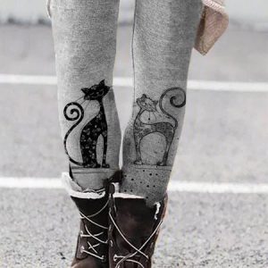 Cat Patterned Cotton Casual Skinny Leggings, Leggings, color:Gray|size:XXL, Noracora