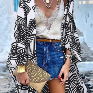 Wrap Loose Color Block Casual Kimono, Kimono, color:Black-white|size:5XL, Noracora