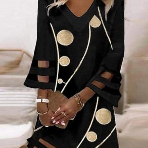 Casual Geometric V neck Three Quarter Sleeve Loose Tunic Dress, Short, color:Black|size:XS, catalog Noracora shop