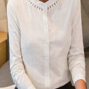 Casual Plain Hollow Out Lace Long Sleeve Blouse, Shirts, color:Off White|size:3XL, Noracora
