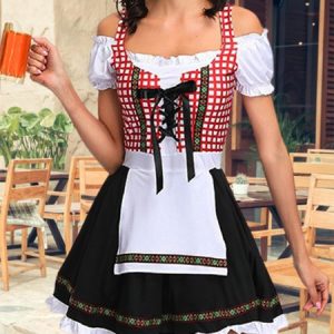 Oktoberfest Bavarian Traditional Beer Short Sleeve Plaid Lace-up Dress, Short, color:Black-red|size:XL, Noracora
