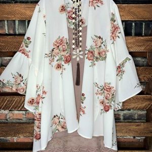 3/4 Sleeve Cardigan With Roses, Kimono, color:White|size:3XL, Noracora