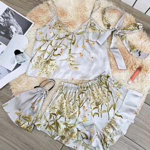 Elegant Ruffled Silk Floral-Print Camisole Pajama Set, Pajamas, color:Silver Gray|size:XL, Noracora