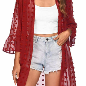 Plain Jacquard Vacation Kimono, Kimono, color:Wine Red|size:XXL, Noracora