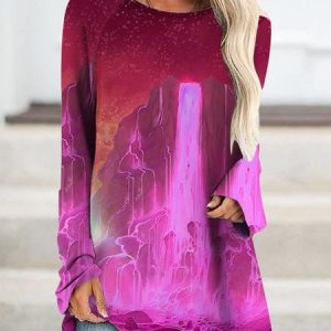 Casual Crew Neck Jersey Shirt, Blouses, color:Deep Pink|size:5XL, Noracora