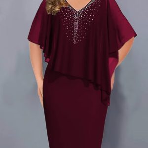 Casual Plain V Neck Regular Fit Dress, DRESSES, color:Wine Red|size:4X, Noracora