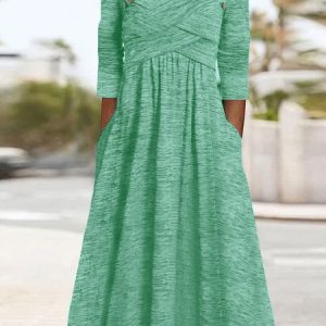 Jersey Buckle Cross Casual Crew Neck Dress, Maxi, color:Green|size:XXL, Noracora