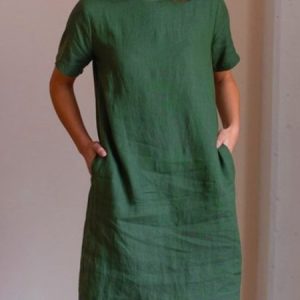 Plain Pockets Short Sleeve Crew Neck Casual Tunic Dress, Short, color:Green|size:XXL, Noracora