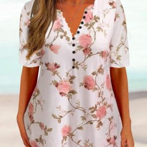Notched Floral Casual Buttoned Shirt, Blouses, color:Pink|size:XXL, Noracora