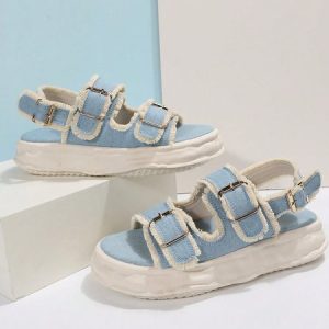 Casual Denim Bowknot Platform Sandals, Sandals, color:Light Blue|size:42, Noracora