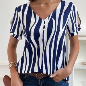 Abstract Buckle Casual Loose T-Shirt, T-shirts, color:Blue|size:XXL, Noracora