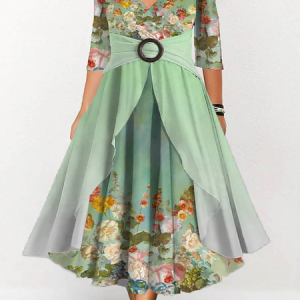 V Neck Casual Floral Loose Dress, DRESSES, color:Green|size:4X, Noracora