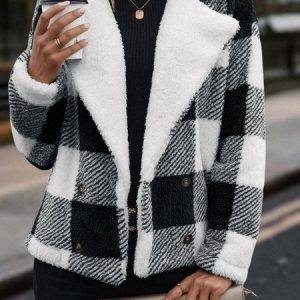 Fluff/Granular Fleece Fabric Buckle Casual Shawl Collar Teddy Jacket, Coats, color:Black-white|size:XXL, Noracora