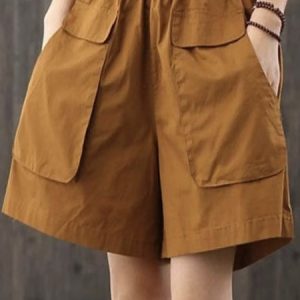 Cotton-Blend Casual Loose Plain Shorts, Shorts, color:Caramel|size:3XL, Noracora
