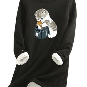 Crew Neck Animal Heavyweight Casual Tunic T-Shirt, Hoodies & Sweatshirts, color:Black|size:XXL, Noracora
