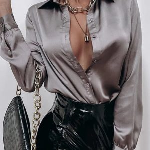 Shirt Collar Plain Loose Casual Blouse, Shirts, color:Gray|size:XXL, Noracora