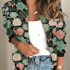 Loose Zipper Casual Floral Jacket, Jackets, color:Green|size:XXL, Noracora